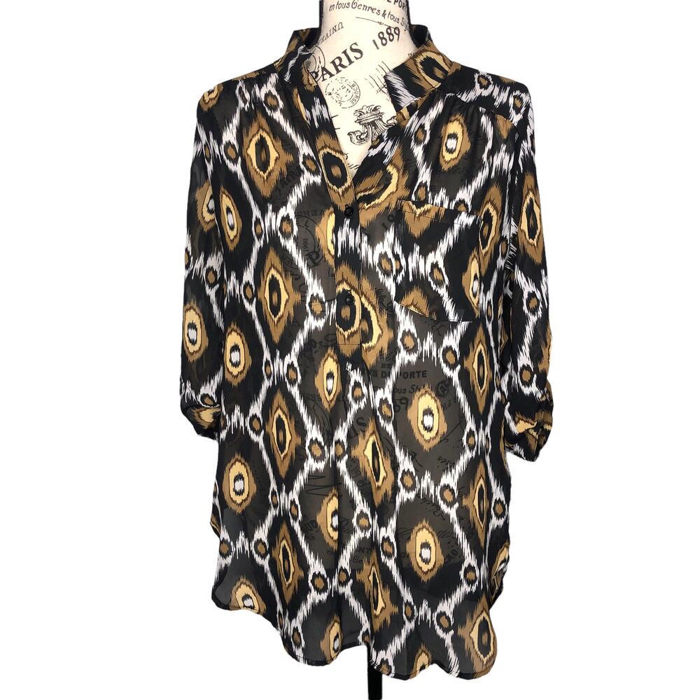Xtaren (M) Black Brown Patterned High-Low Hem Semi-Sheer Roll-Tab Blouse
